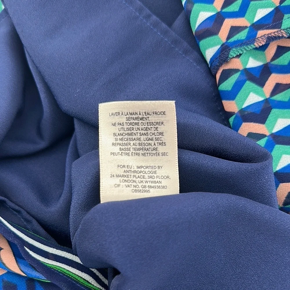 Anthropologie Maeve Silk Like Pink&Blue Dress Geometric Patterned Mini Lined Med